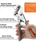 Heavy Duty Grommet Tool Kit With Eyelet Plier Handheld Puncher Set with orange anti-slip handle in hand, highlighting features.