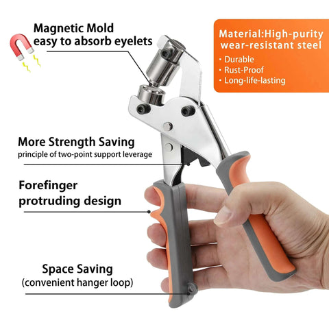 Heavy Duty Grommet Tool Kit With Eyelet Plier Handheld Puncher Set with orange anti-slip handle in hand, highlighting features.
