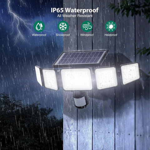 Solar Motion Flood Lights Outdoor 4000LM 236 LED 5 Head Security Wall Lights with Remote IP65 Waterproof in rain