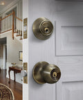 Entry Door Knob Deadbolt Combo Lock Set In Antique Brass 6 Pack With Adjustable Latch Single Cylinder Deadbolt Keyed Differently For Each Lock Easy Install Reliable Security For Front Or Back Doors shown on white door installed