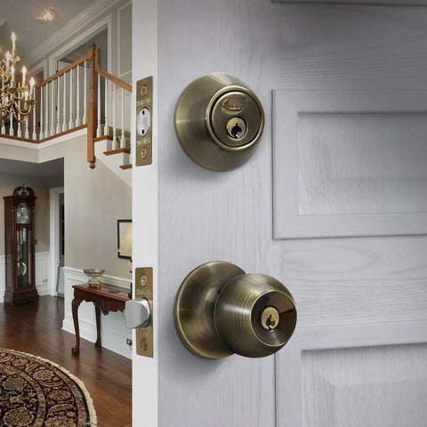 Entry Door Knob Deadbolt Combo Lock Set In Antique Brass 6 Pack With Adjustable Latch Single Cylinder Deadbolt Keyed Differently For Each Lock Easy Install Reliable Security For Front Or Back Doors shown on white door installed