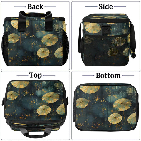 Back, side, top, and bottom views of Insulated Picnic Backpack With Lunch Box For Women And Men, tote style, parasol design