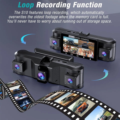 Four Channel 2.5K Dash Cam With Front Rear Left Right Coverage displaying loop recording function and screen view.