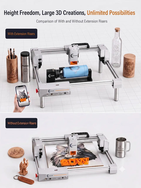 Dope 20W Laser Engraver And Cutter With Air Assist comparing usage with and without extension risers