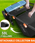 Close-up of 2 In 1 Electric Dethatcher And Scarifier for Lawn Care with detachable 13.2 gallon collection bag and quick fold design.