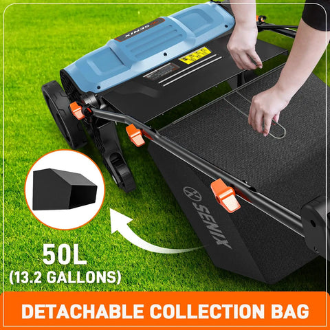 Close-up of 2 In 1 Electric Dethatcher And Scarifier for Lawn Care with detachable 13.2 gallon collection bag and quick fold design.