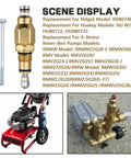 Pressure Washer Pump Unloader Valve Rebuild Kit for RMV RMW SRMW Series shown with components and pump model list.