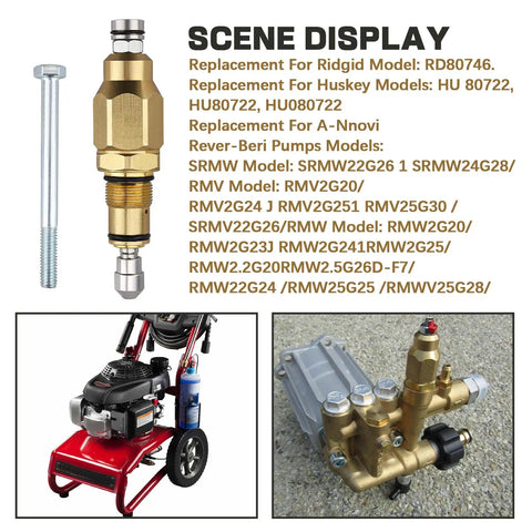 Pressure Washer Pump Unloader Valve Rebuild Kit for RMV RMW SRMW Series shown with components and pump model list.