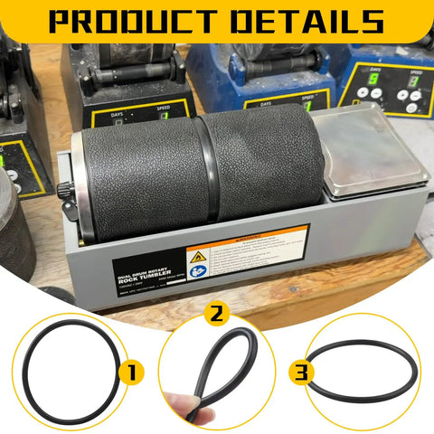 Replacement Drive Belt For Single And Dual Barrel Rock Tumblers 3 Pack Beefy Nitrile Rubber Construction Built To Last Fits Central Machinery ABN Viyuki Models shown with rock tumbler and belts.