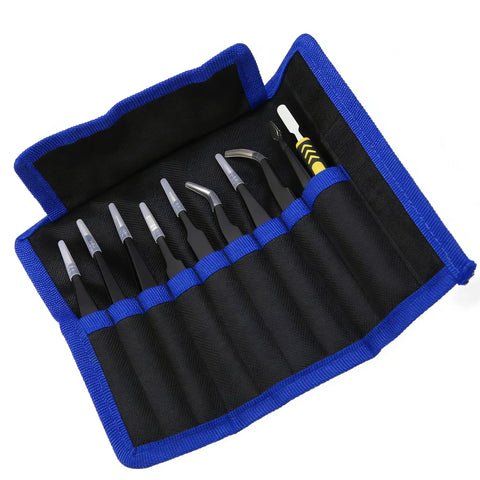 All In One 10 Piece Pro Grade Precision Tweezers Set With Pry Tool, ESD Safe Stainless Steel Kit With Case For Electronics Repair