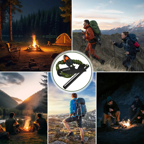 All In One Fire Starter Kit With A 4 Inch Ferro Rod For Camping And Hiking showcased with outdoor activities background