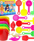 Six Pack Beach Day Playsets For Kids with colorful sand buckets, shovels, rakes, sifters, dolphin, and fish trays.