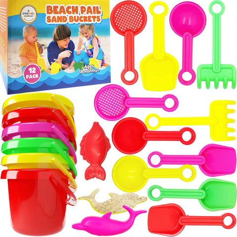 Six Pack Beach Day Playsets For Kids with colorful sand buckets, shovels, rakes, sifters, dolphin, and fish trays.
