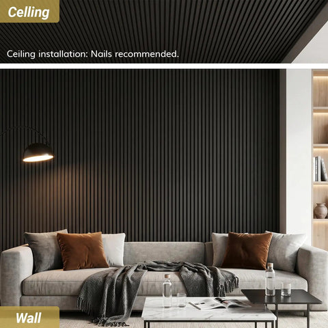 Killer Sound Blocking Acoustic Wall Panels 4 Pack on a modern wall above a gray sofa in stylish living room setting.