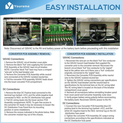 Yoursme CVA-24T valve actuator installation guide poster; three panels show wiring, PCB removal and installation steps.