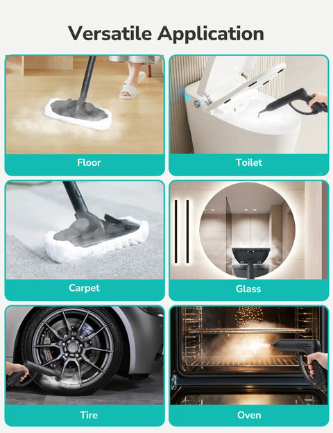 Heavy Duty Steam Cleaner With 21 Attachments, 293 Fahrenheit Steam Mop For Home And Car, 50 Oz Tank cleaning various surfaces.