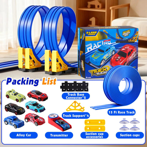 16 Foot Flexible Race Track Set For Kids With Roll Up DIY Lanes, Dual Track, 2 Launchers, 6 Mini Cars, Suction Cup Track