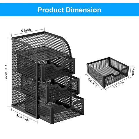 Mesh Desk Organizer With Three Drawers For Office And Home A Must Have Stationery Caddy dimensions and size detail