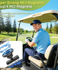 Stay Locked In Hella Secure Magnetic Golf Cart Phone Mount With Easy One Hand Snap On For Iphone And Android On Any Flat Metal Panel Perfect For Bumps And Smooth Gps Viewing, showing a golfer using a phone mount in a golf cart.
