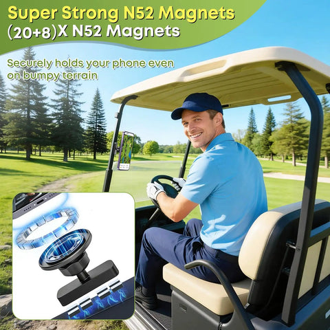 Stay Locked In Hella Secure Magnetic Golf Cart Phone Mount With Easy One Hand Snap On For Iphone And Android On Any Flat Metal Panel Perfect For Bumps And Smooth Gps Viewing, showing a golfer using a phone mount in a golf cart.