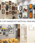 Heavy Duty Picture Hanging Kit With 225 Pieces Of Frame Hooks Nails Hanging Wire Screw Eyes D Rings And Sawtooth Hangers For Easy No Fuss Wall Mounting Of Art And Photos used to display various framed artwork and decor on different walls.