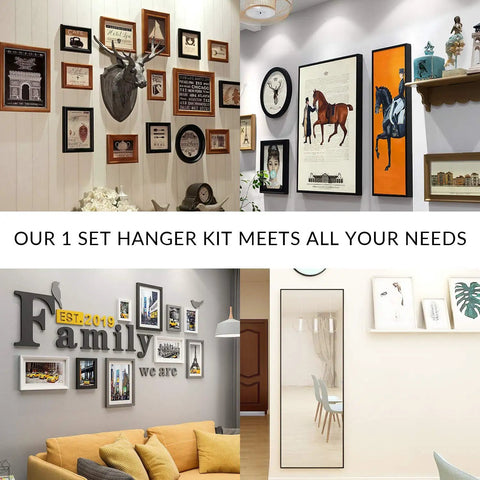 Heavy Duty Picture Hanging Kit With 225 Pieces Of Frame Hooks Nails Hanging Wire Screw Eyes D Rings And Sawtooth Hangers For Easy No Fuss Wall Mounting Of Art And Photos used to display various framed artwork and decor on different walls.
