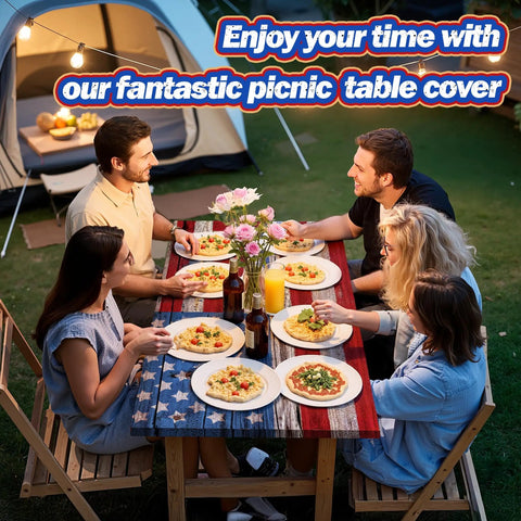 Group dining outdoors with picnic table cover in American flag design, fitted tablecloth with elastic edges, 72 by 30 in, tailgate ready.