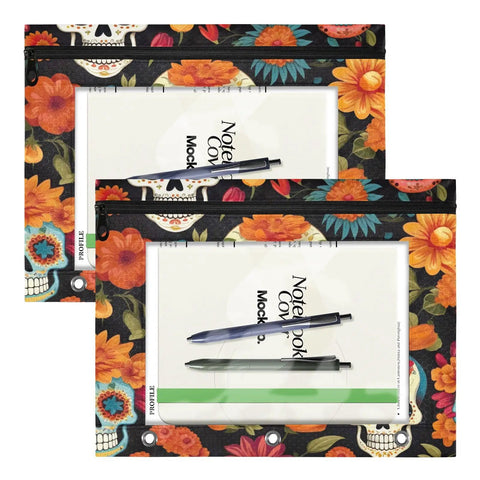 Zippered Gothic Skull Design Coupon Organizer for 3 Ring Binders with vibrant floral patterns, holds notebooks and pens.