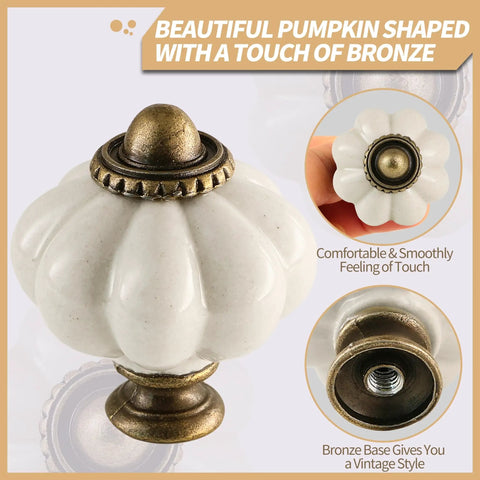 Antique White Pumpkin Ceramic Cabinet Knobs 2 Pack With Screws For Vintage Drawer Pulls with bronze accents close-up view