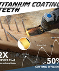 Installed KELIN titanium-coated oscillating tool blade for wood cutting on a wooden plank.