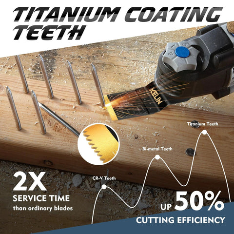 Installed KELIN titanium-coated oscillating tool blade for wood cutting on a wooden plank.