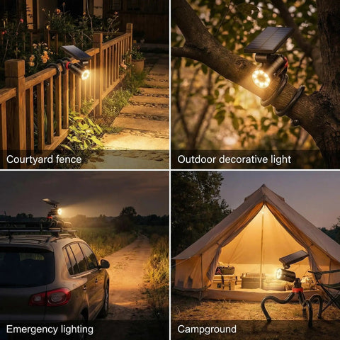 Outdoor Solar Motion Lights Waterproof Security Spot Lights 2 Pack illuminating fence, tree, car, and tent for versatility