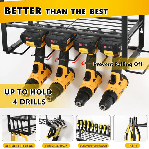 Wall Mount Tool Organizer Rack With Four Cordless Drill Holders Three Layer Garage Storage Shelf Heavy Duty Iron Matte Black Keeps Your Shop Clean And Ready 150 Lb Load Capacity
