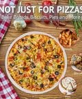 Pizza and baked goods on a 14 Inch Cordierite Pizza Stone For Oven And Grill Heavy Duty Baking Stone For BBQ Ideal For Crispy Crust Pizza Bread And More Delivers Restaurant Quality Home Baked Goods In Any Oven Grill Or Smoker.