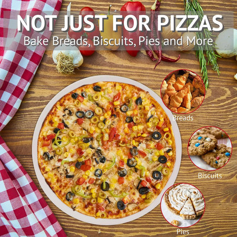 Pizza and baked goods on a 14 Inch Cordierite Pizza Stone For Oven And Grill Heavy Duty Baking Stone For BBQ Ideal For Crispy Crust Pizza Bread And More Delivers Restaurant Quality Home Baked Goods In Any Oven Grill Or Smoker.