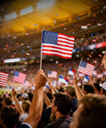 Crowd waving Small American Flags On Sticks For Outdoor Decor 4x6 Inch Mini USA Flags On Wooden Sticks during a sports event