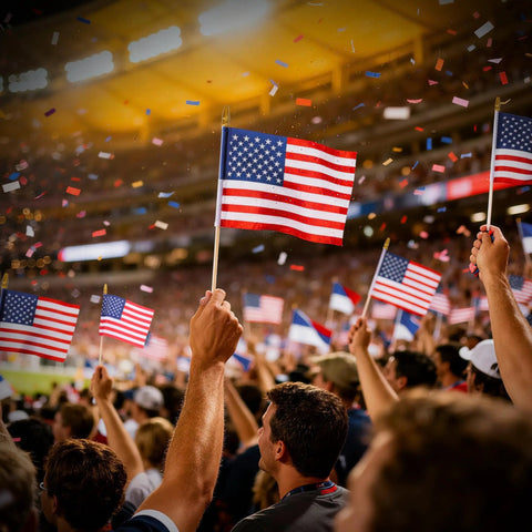 Crowd waving Small American Flags On Sticks For Outdoor Decor 4x6 Inch Mini USA Flags On Wooden Sticks during a sports event