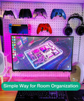Eight Pack Pegboard Hooks For One Quarter Inch Pegboards Heavy Duty Metal Tool Hangers Wall Mounted Organization For Garage Craft Room Workbench And Office Durable Steel Construction For Tools And Accessories on wall holding controllers and headphones.
