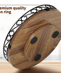 Bottom view of 9 Inch Lazy Susan Turntable Organizer For Tabletop And Cabinet Round Rustic Wooden Tray with metal edge and non-slip pads.