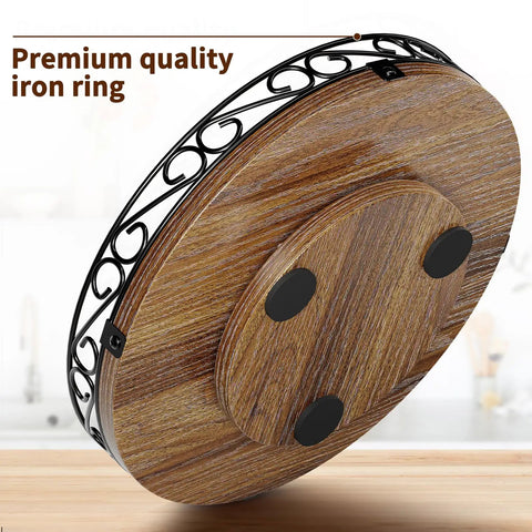 Bottom view of 9 Inch Lazy Susan Turntable Organizer For Tabletop And Cabinet Round Rustic Wooden Tray with metal edge and non-slip pads.