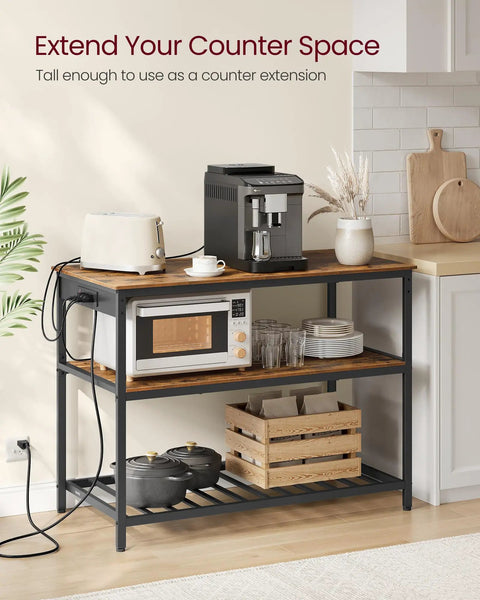 Industrial Kitchen Island With Built In Power Strip And Three Outlets, 47.2 Inch Wide Worktop, sturdy steel frame in kitchen setting