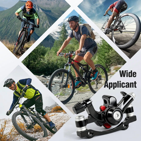 Beefy Aluminum Mechanical Disc Brake Caliper Set for Bikes with images of cyclists on various terrains