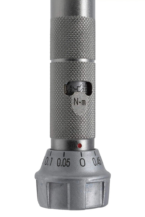Close-up of Adjustable Torque Wrench 1-5 Nm With 0.05 Nm Graduations And +/-3 Percent Accuracy, showing knurled handle and scale.