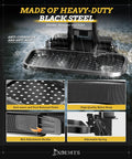 Foldable Golf Cart Rear Seat Bag Holder with heavy-duty black steel, adjustable spring, and high-quality nylon strap.