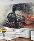 Epic Retro Steam Locomotive Wall Mural With 3D Train Wallpaper in a living room setting, 177.16x120 inches silk cloth finish.