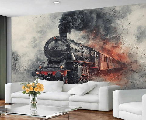 Epic Retro Steam Locomotive Wall Mural With 3D Train Wallpaper in a living room setting, 177.16x120 inches silk cloth finish.
