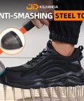 Steel Toe Work Shoes For Men That Are Built Tough For Construction And Warehouse Jobs Lightweight Safety Footwear With Max Impact Protection Smash Proof Comfort And Indestructible Durability For Industrial Use shown in black side view with anti-smashing feature demonstration.