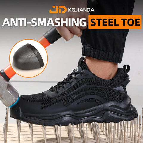 Steel Toe Work Shoes For Men That Are Built Tough For Construction And Warehouse Jobs Lightweight Safety Footwear With Max Impact Protection Smash Proof Comfort And Indestructible Durability For Industrial Use shown in black side view with anti-smashing feature demonstration.