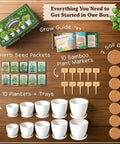 Indoor Outdoor Herb Garden Starter Kit With 10 Planter Pots Trays Coco Coir Discs 10 Plant Markers And 10 Premium Herb Seeds Non GMO USDA Certified Easy Grow Kit For Beginners A Cool Gift For Gardeners And Plant Lovers showing components including pots, trays, seed packets, markers, and soil discs.