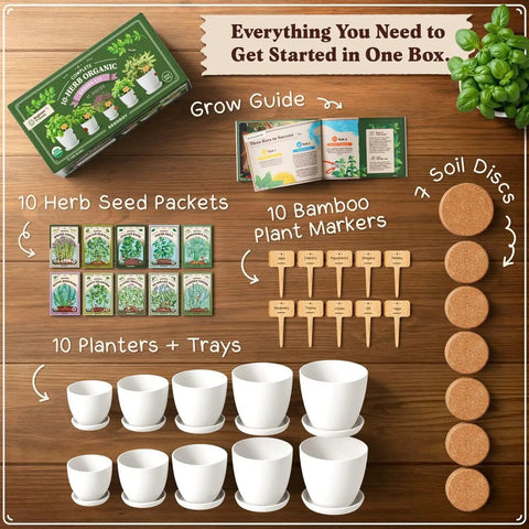 Indoor Outdoor Herb Garden Starter Kit With 10 Planter Pots Trays Coco Coir Discs 10 Plant Markers And 10 Premium Herb Seeds Non GMO USDA Certified Easy Grow Kit For Beginners A Cool Gift For Gardeners And Plant Lovers showing components including pots, trays, seed packets, markers, and soil discs.